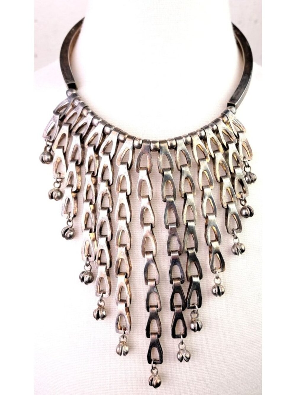 Vintage Silver-Tone Fringe Bib Statement Necklace Dangling Bell Links Gothic 17"